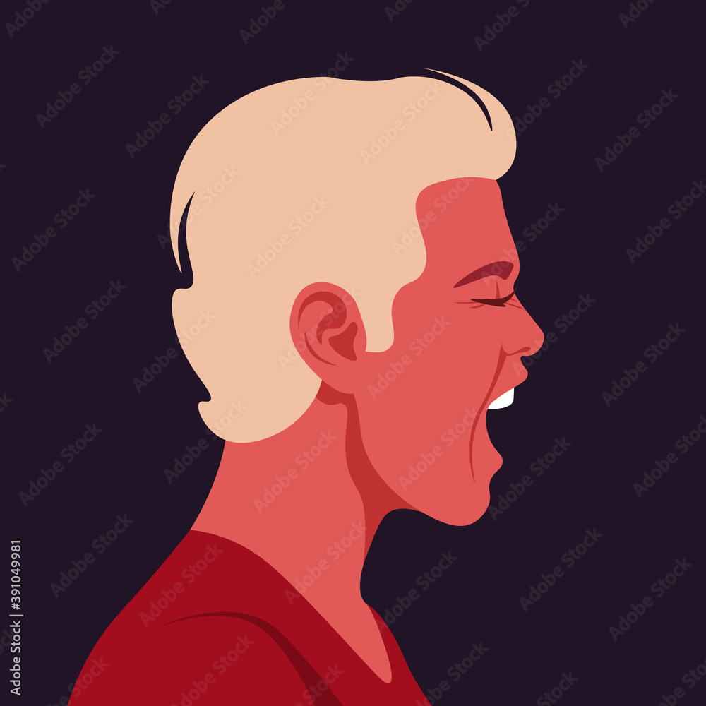 Screaming man's face in a profile. Head of a blond guy in stress on the side. Aggression and irritation. Vector flat illustration