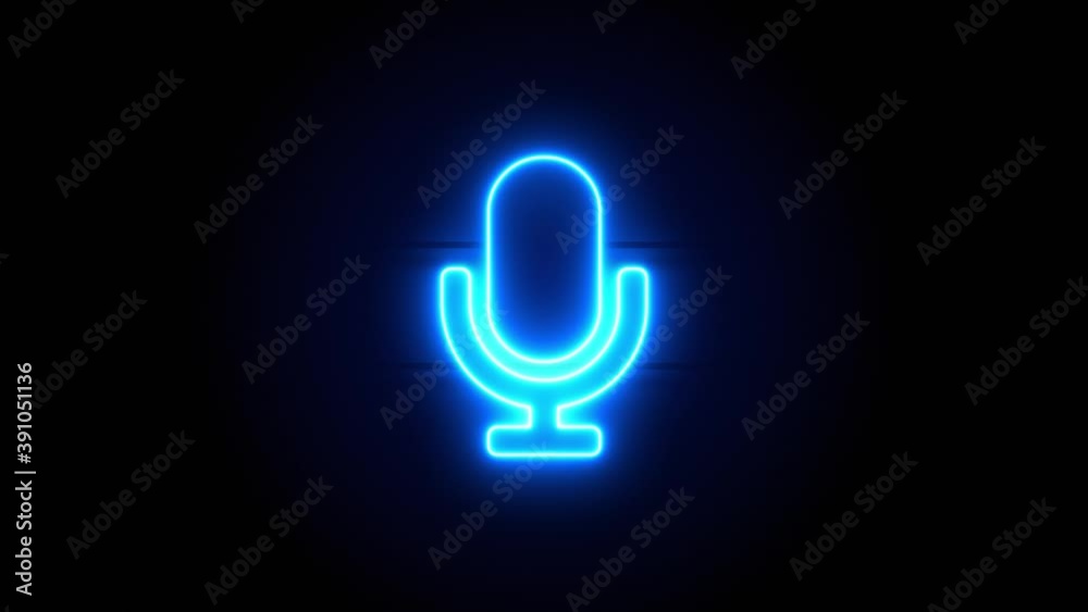 Microphone neon sign appear in center and disappear after some time. Animated blue neon icon on black background. Looped animation. Microphone neon sign appear in center and disappear after some time. Animated blue neon icon on black background. Looped animation.