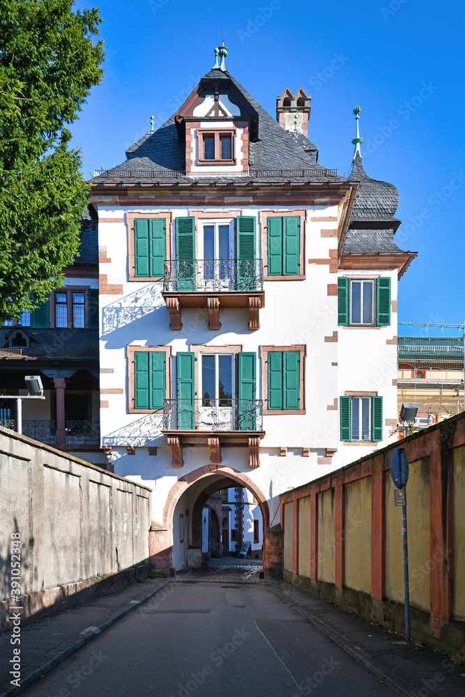Weinheim, Germany - Tunnel gate called 'Obertor' leading through old historic building in Weinheim city
