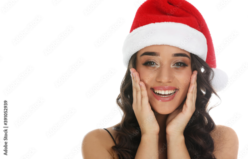 Beautiful woman in Santa hat on white background. Christmas party Beautiful woman in Santa hat on white background. Christmas party