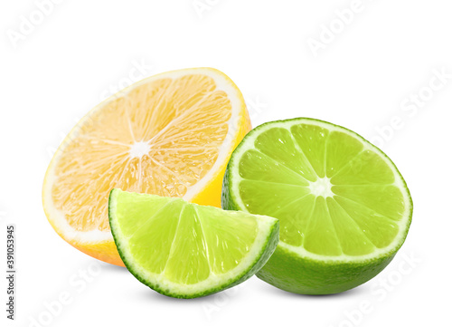 Cut fresh lime and lemon on white background