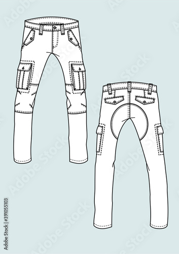 Pantaloni chino cargo uomo disegno piatto sketch fashion illustration fronte e retro mock up vettoriale