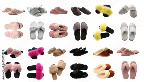 Collage with different slippers on white background