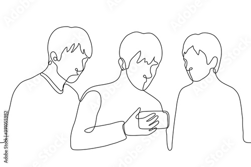 three guys stand and look at the phone that the guy is holding in the middle. one line drawing three friends are passionate about a smartphone, they are watching and listening