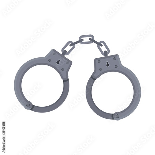 Metal handcuffs for detaining criminals isolated on white background. Outfit of a policeman. Element of police and prison icon of arrest of offender. Restriction of freedom. Shackles for the hand.