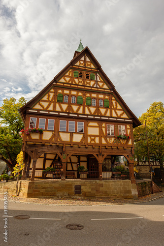 Old historic half-timbered townhall in Weinstadt