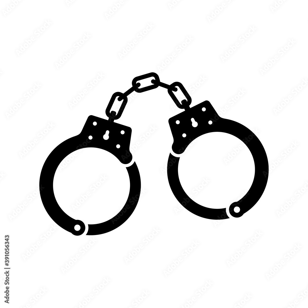Handcuffs icon for detaining criminals isolated on white background. Outfit of a policeman. Element of police and prison icon of arrest of offender. Restriction of freedom. Shackles for the hand Handcuffs icon for detaining criminals isolated on white background. Outfit of a policeman. Element of police and prison icon of arrest of offender. Restriction of freedom. Shackles for the hand