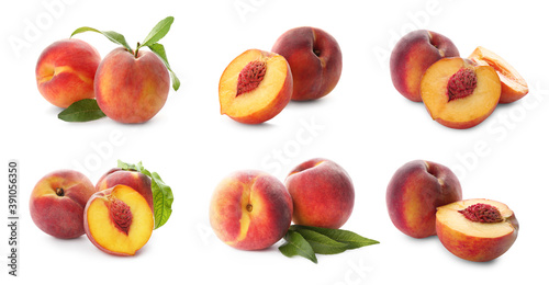 Set of ripe peaches on white background, banner design