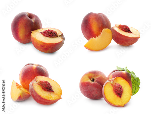 Set of ripe peaches on white background