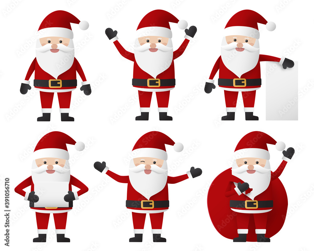 Collection of Santa claus characters with different emotions isolated on white background.  Merry christmas and happy new year