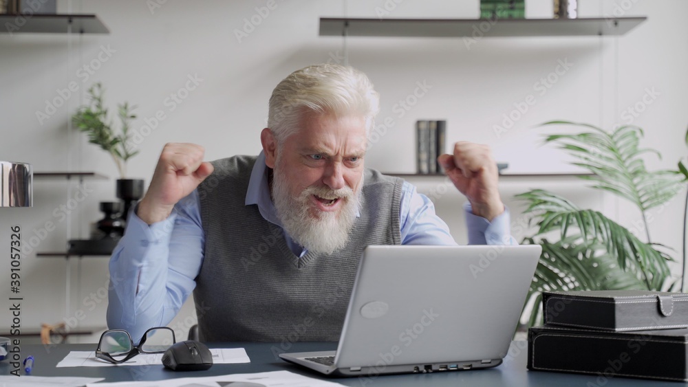 Happy an elderly man with a gray beard completed task and triumphing with raised hands Happy an elderly man with a gray beard completed task and triumphing with raised hands