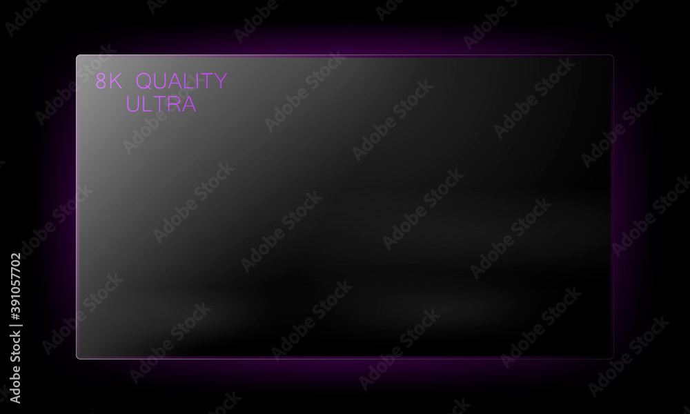 Slim modern TV with 8K quality and purple backlight on a black wall background, realistic TV with glare, vector illustration