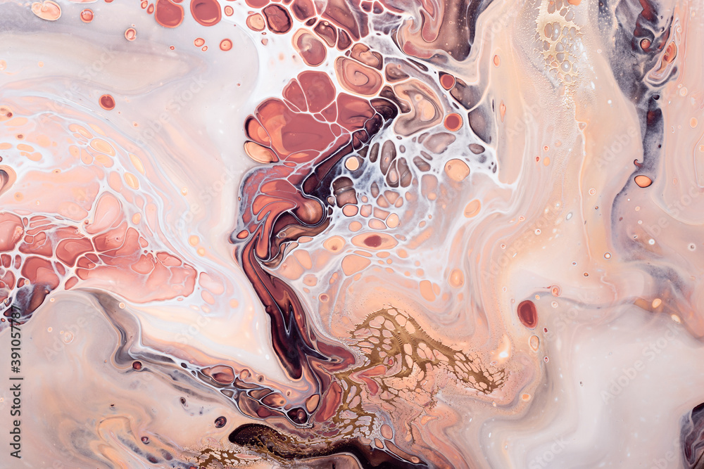 Acrylic Fluid Art. Brown bubbles, peach waves and gold inclusion. Abstract stone background or texture