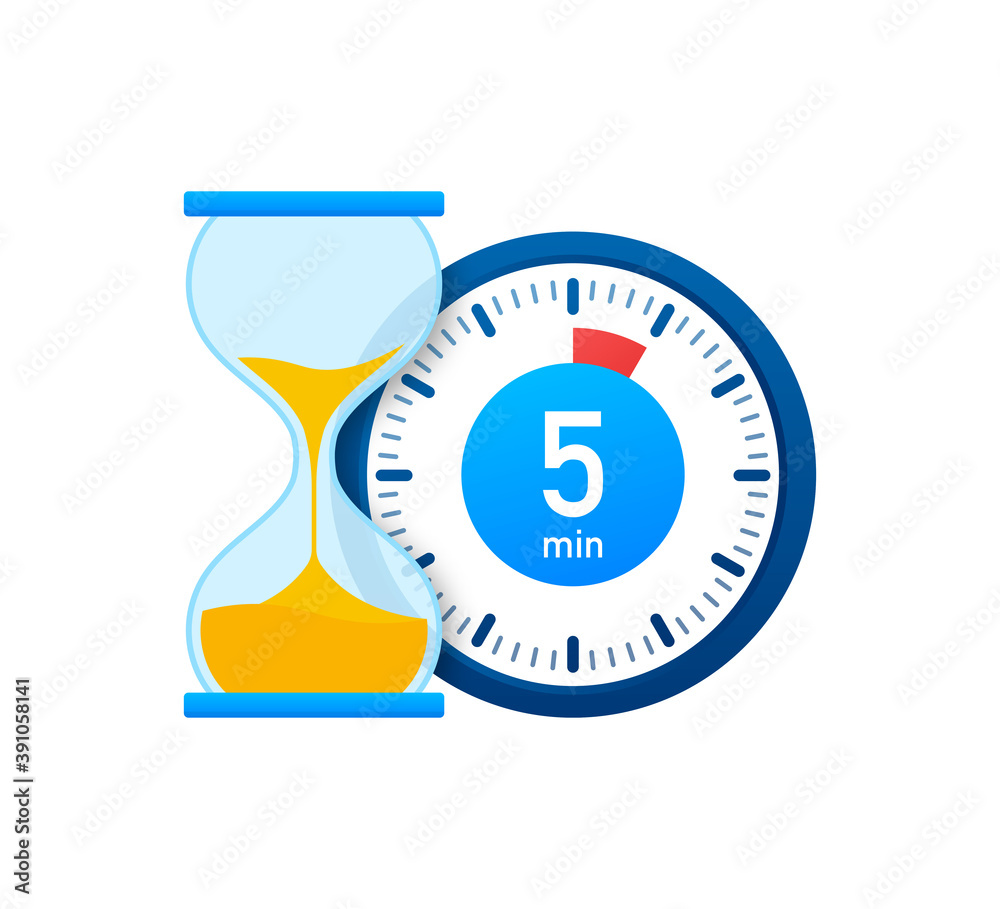 The 5 minutes, stopwatch vector icon. Stopwatch icon in flat style, timer on on color background. Vector illustration.