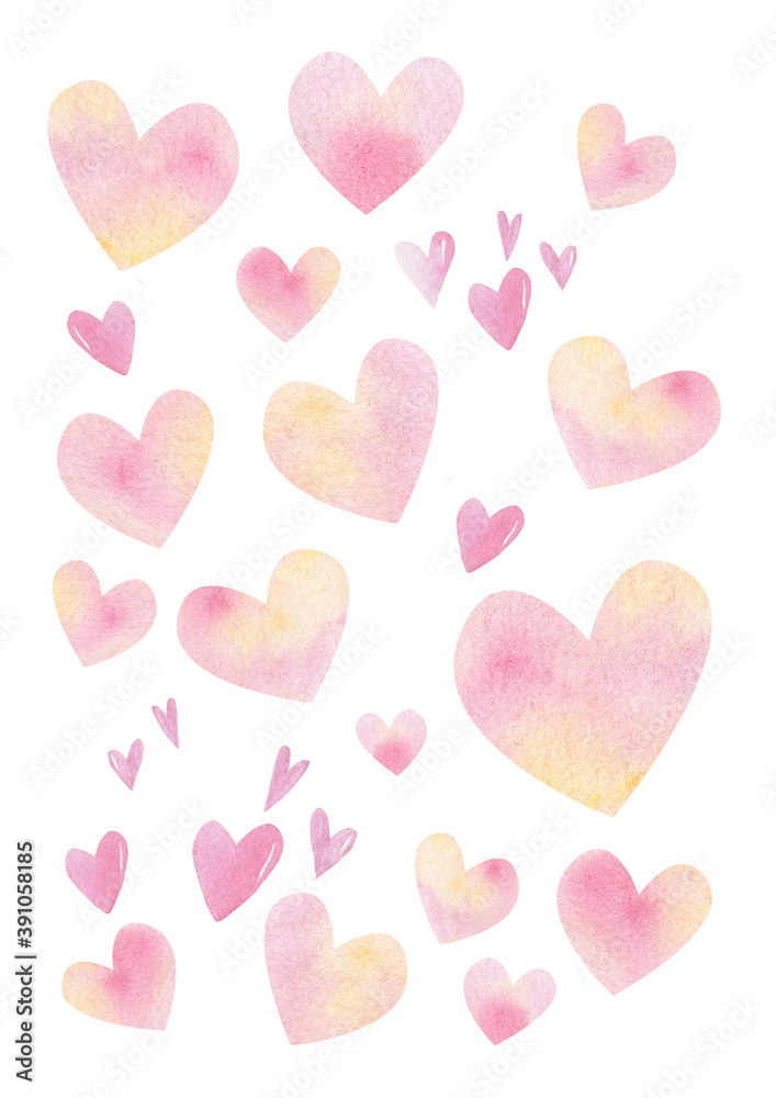 watercolor valentines day card with pink hearts on white background. pink romantic pattern