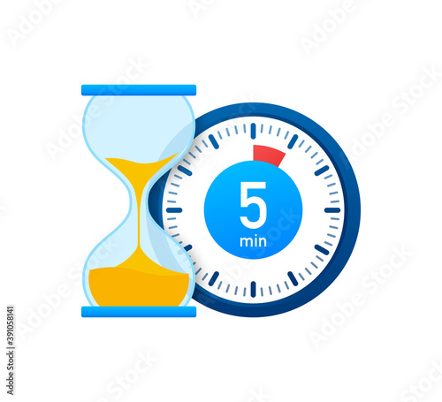 The 5 minutes, stopwatch vector icon. Stopwatch icon in flat style, timer on on color background. Vector illustration.