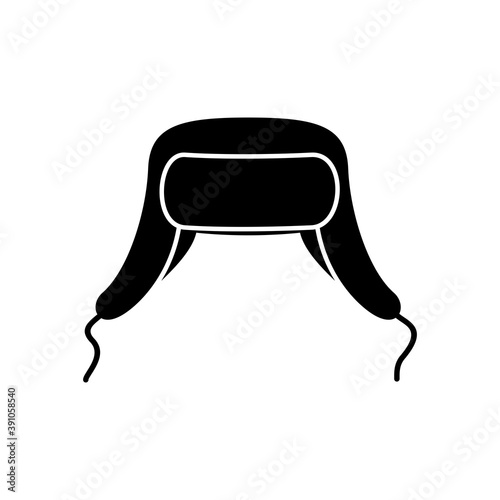 Winter hat earflap black icon isolated on white background. Knitting headwear with two long ear flaps and cap for cold weather. Outdoor clothing. Vector illustration