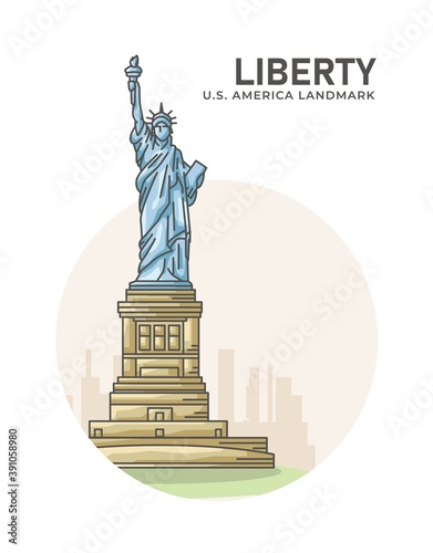 Liberty Statue United States Landmark Minimalist Cartoon Illustration