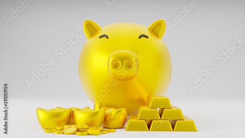 3D illustration rendering. Stack of gold bars, Golden coins and golden piggy bank isolate on white backgroud.