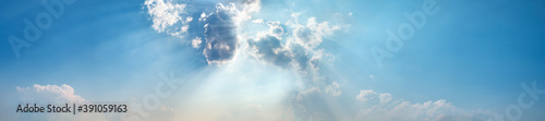 Panorama sky with beautiful cloud on a sunny day. Panoramic high resolution image.