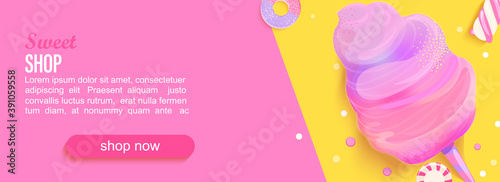 Sweet shop horizontal banner with cotton candy,marmalade, marshmallows,place for text for your design. Great for kids menu,caffee,posters,web, cards, cafeteris advertise.Template vector illustration.