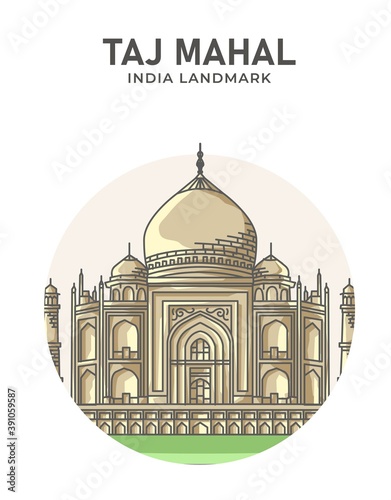 Taj Mahal Mosque India Landmark Minimalist Cartoon Illustration