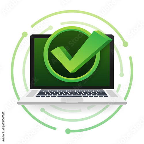 Laptop with checkmark or tick notification in bubble. Approved choice. Accept or approve checkmark. Vector illustration.