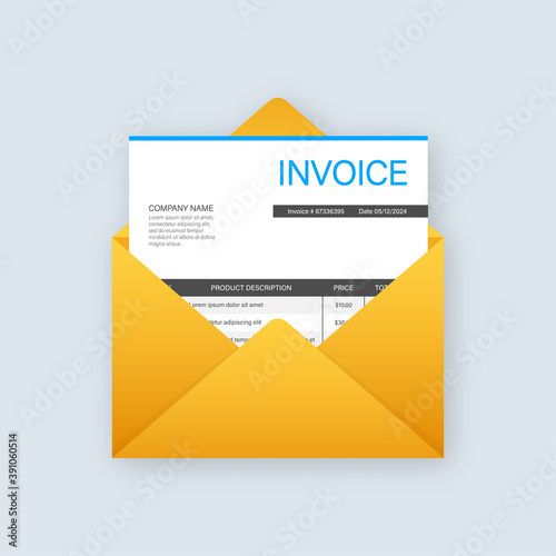 Invoice icon vector, email message received with bill document, flat style open envelope with invoice paper blank