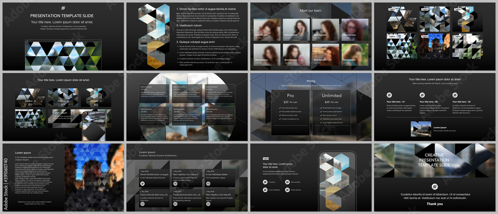 Vector templates for website design, presentations, portfolio. Templates with triangles, triangular pattern for presentation slides, flyer, leaflet, brochure cover. Backgrounds with place for photo. Vector templates for website design, presentations, portfolio. Templates with triangles, triangular pattern for presentation slides, flyer, leaflet, brochure cover. Backgrounds with place for photo.