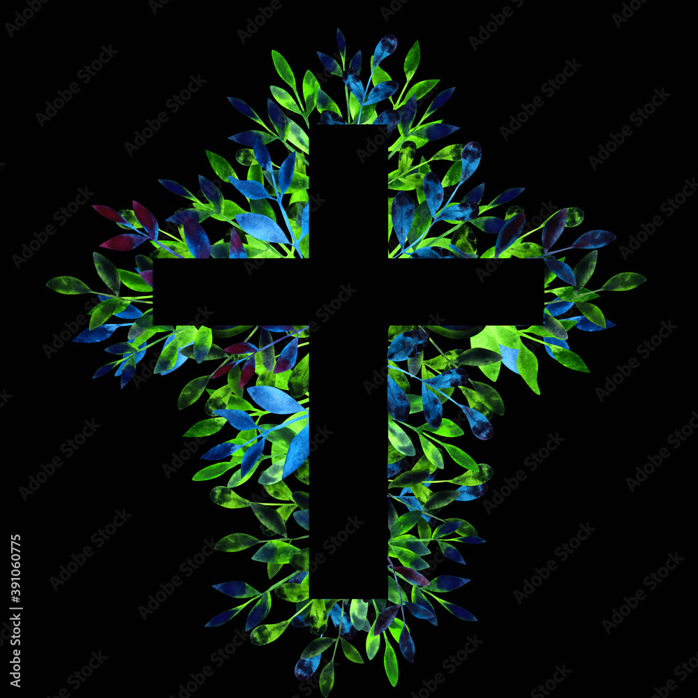 Blue and green watercolor floral religious cross isolated on a black  background. Catholic and Orthodox illustration with neon lights. Easter,  Baptism, First Communion clipart. Christian symbol. Stock Illustration |  Adobe Stock