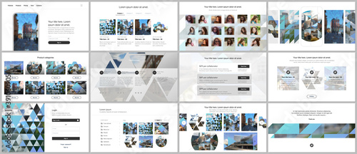 Vector templates for website design, presentations, portfolio. Templates with triangles, triangular pattern for presentation slides, flyer, leaflet, brochure cover. Backgrounds with place for photo.