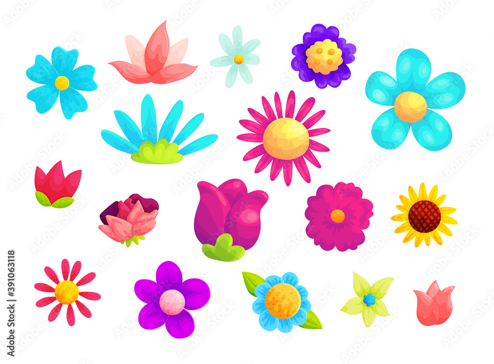 Blooming summer flowers cartoon vector illustrations set. Plant blossom with pink and blue petals isolated on white background. Wildflowers, camomile, rose bud, daisy and sunflower design element
