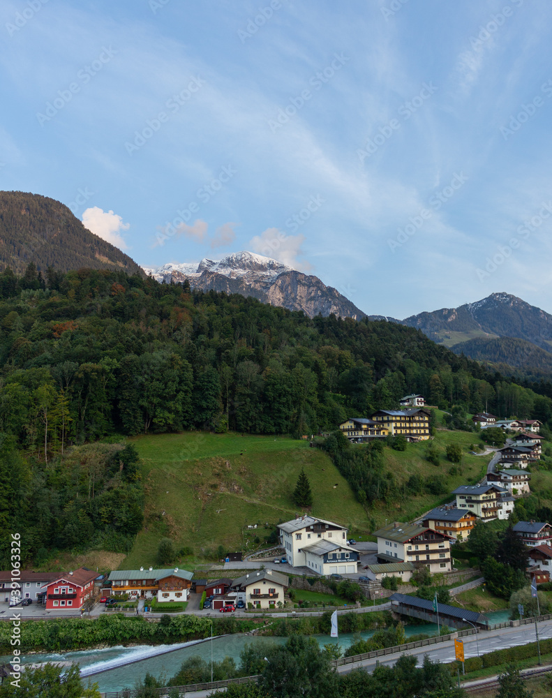 Berchtesgaden view at snow capped mountains in the distance