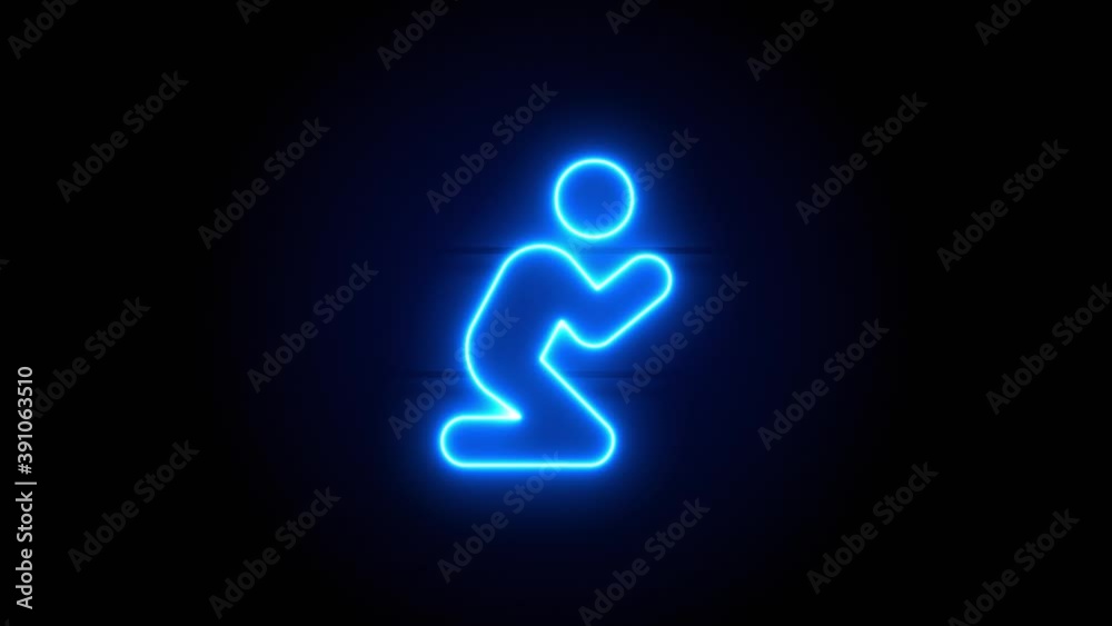Pray neon sign appear in center and disappear after some time. Animated blue neon icon on black background. Looped animation. Pray neon sign appear in center and disappear after some time. Animated blue neon icon on black background. Looped animation.