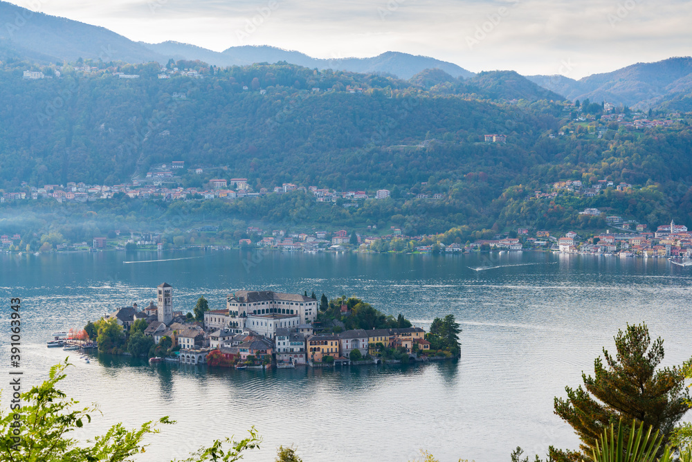 The famous Orta San Giulio island with its ancient village on Lake Orta, Piedmont, Italy