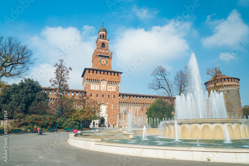 Castello Sforzesco  meaning  Sforza Castle    Milan  Italy. Sforza was a family who reigned over Milan between 1400 and 1500. Monochrome. On the right the famous fountain