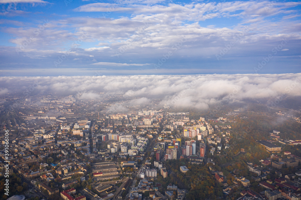 Aerial view on Lviv (Ukraine) through clouds