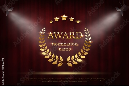 Award nomination emblem, stage in spotlight with red curtain background. Movie award ceremony opening, celebration event, announcement vector illustration. Film theatre scene