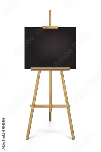 Easel with black horizontal paper sheet. Vector realistic design element isolated on white background.