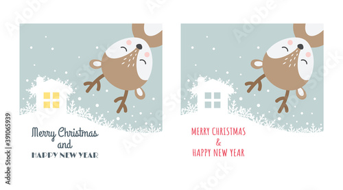 card, christmas, merry, happy, cartoon, reindeer, deer, kids, children, cute, greeting, colourfull, colourful, colour, colorful, color, inscription, text, lettering, white, blue, snowflakes, snowflake