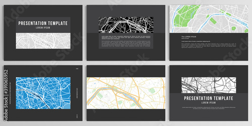 Vector layouts of presentation design templates with urban city map of Paris for brochure, cover design, flyer, book design, magazine, poster.