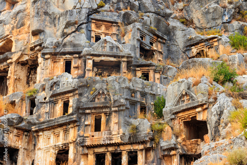 Rock-cut tombs of Lycian necropolis of the ancient city of Myra in Demre, Antalya province in Turkey