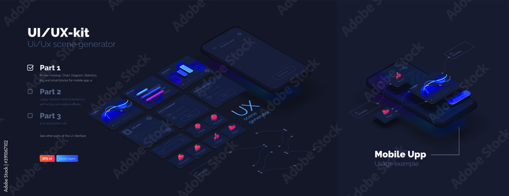 Toolkit-UI/UX scene creator. Part 1 Mobile application design. Smartphone mockup with active blocks and connections. Creation of the user interface. Modern vector illustration isometric style