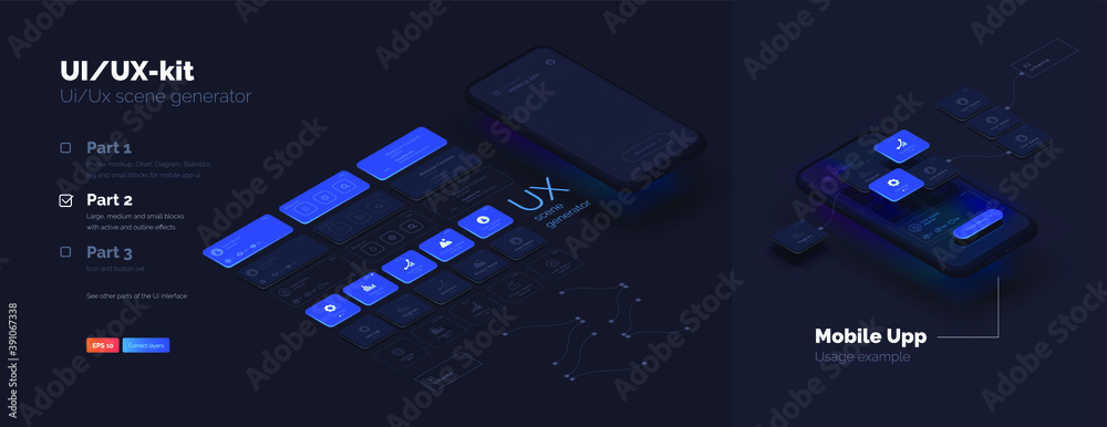 Toolkit-UI/UX scene creator. Part 2 Mobile application design. Smartphone mockup with active blocks and connections. Creation of the user interface. Modern vector illustration isometric style