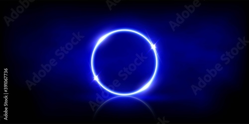 Glowing neon blue circle with sparkles in fog abstract background. Round electric light frame. Geometric fashion design vector illustration. Empty minimal ring art decoration