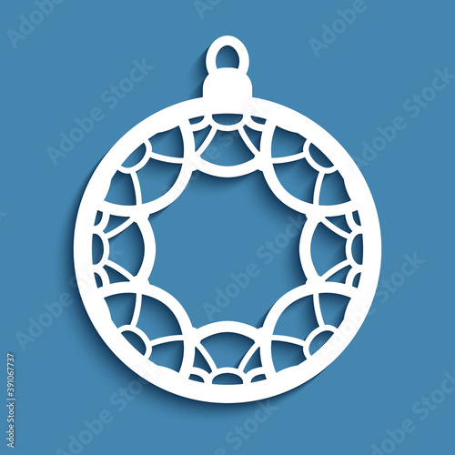 Christmas ornament with snowflake pattern, xmas bauble with lace texture, cutout paper round decoration, template for laser cutting