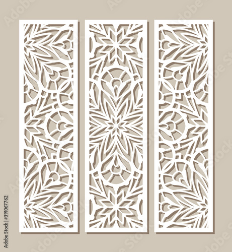 Set of rectangle tiles with cutout paper swirls, floral lace texture, ornamental panels with line pattern, vintage template for laser cutting or wood carving