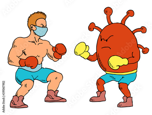 Human fight against the covid-19 virus. Cartoon male boxer fighting against coronavirus wearing boxing gloves. A medical mask on the face. Vector illustration. photo