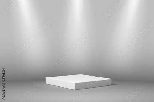 Gray square podium for product. 3d pedestal in spotlight vector illustration. Geometric stage on floor in room. Abstract realistic place for advertising or decoration