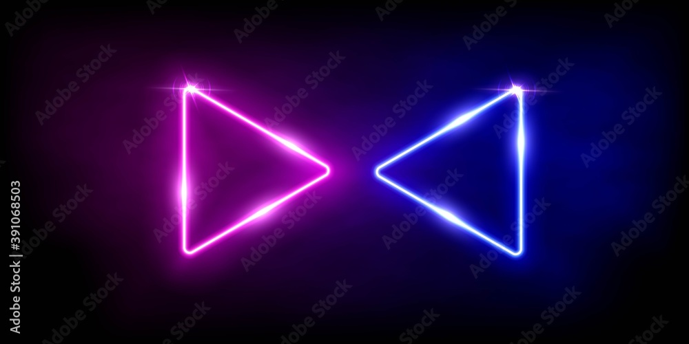 Glowing neon pink and blue triangles. Abstract lines with electric light frames on black background. Geometric fashion design vector illustration. Empty minimal shapes decoration Glowing neon pink and blue triangles. Abstract lines with electric light frames on black background. Geometric fashion design vector illustration. Empty minimal shapes decoration